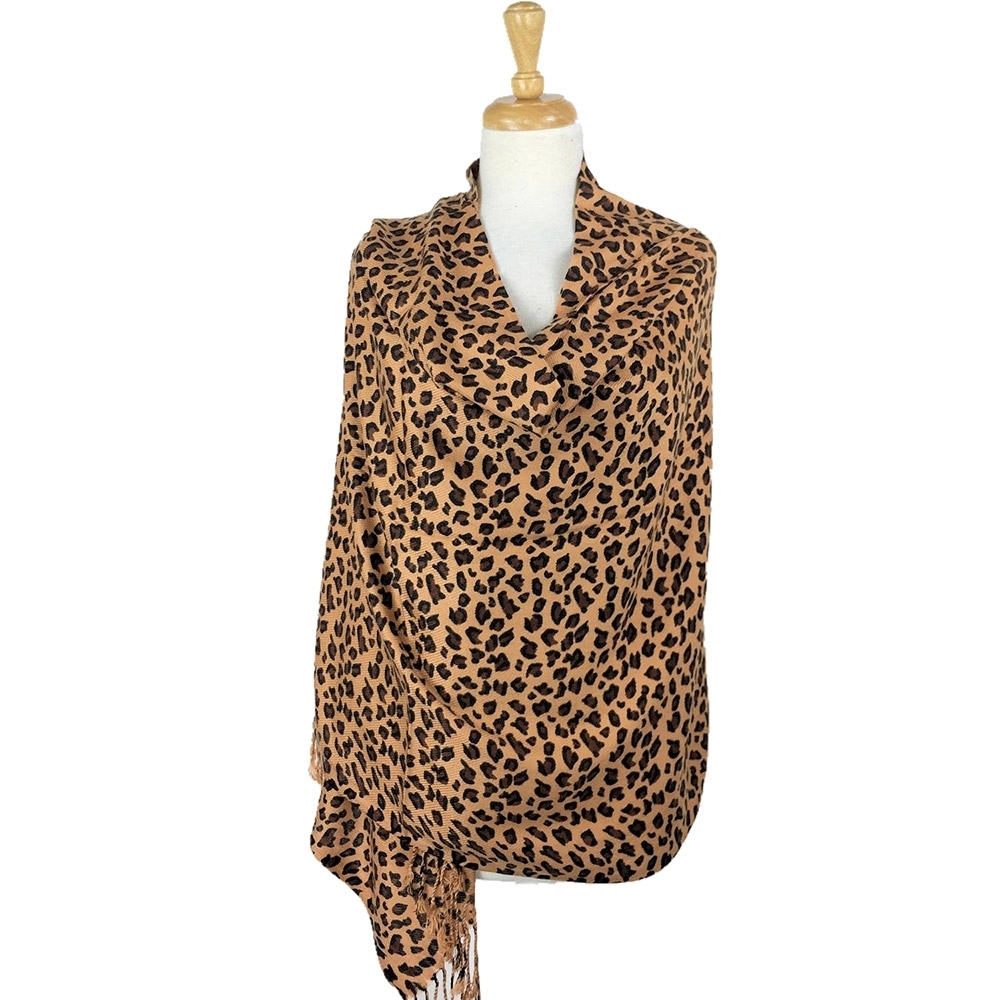 Brown Leopard Print Fringe Pashmina Shawl Scarf Wrap Sweater Cape Animal Tassel